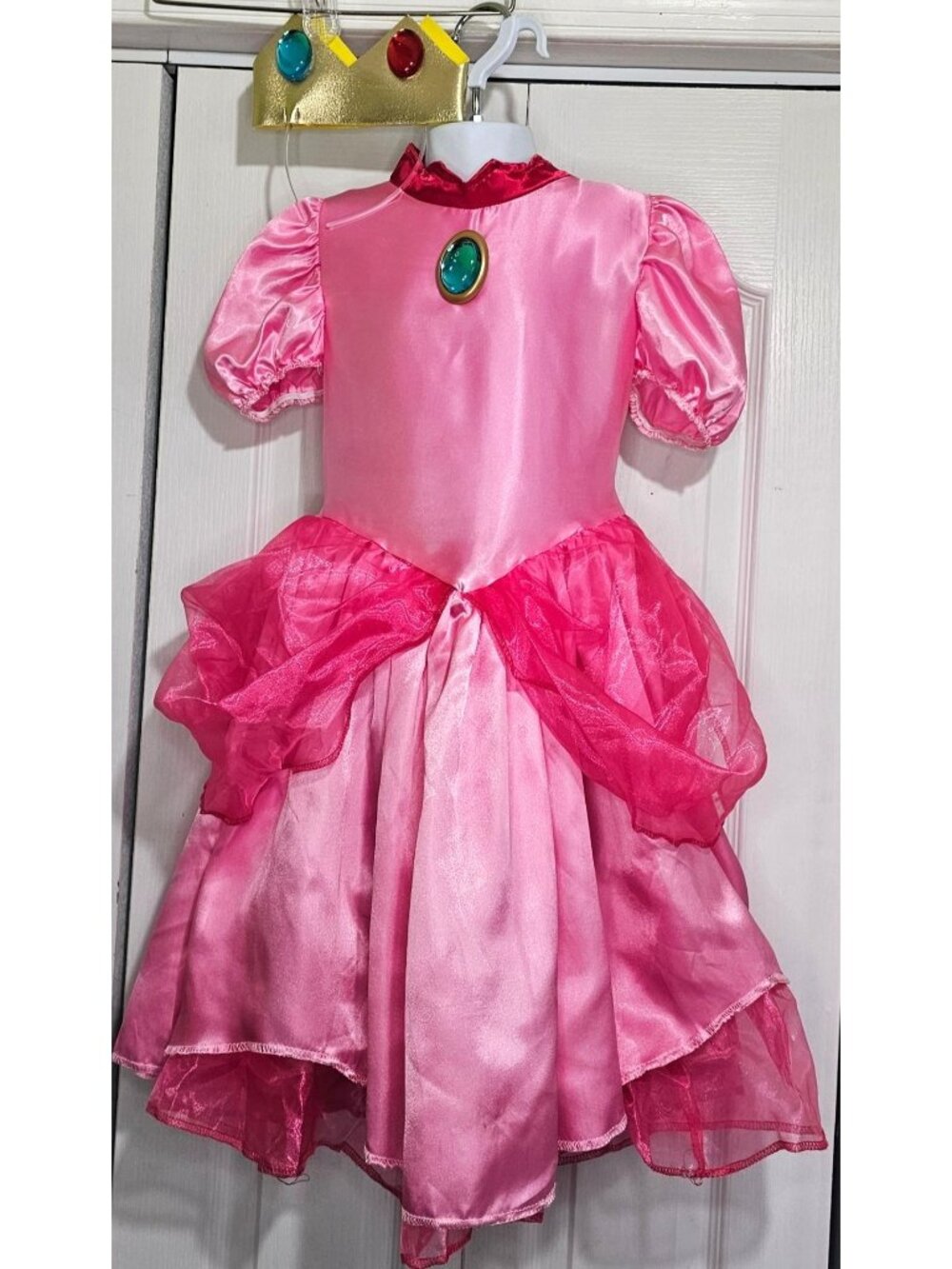 Princess Peach Costume Girls 4-6X Super Mario Pink Dress Tiara Crown Disguise